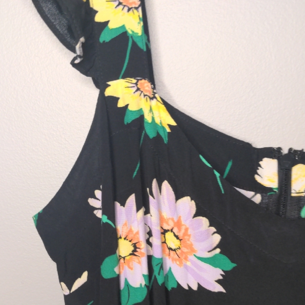 EUC✨LOFT black sleeveless midi dress with ruffled straps & yellow flowers - Picture 9 of 17